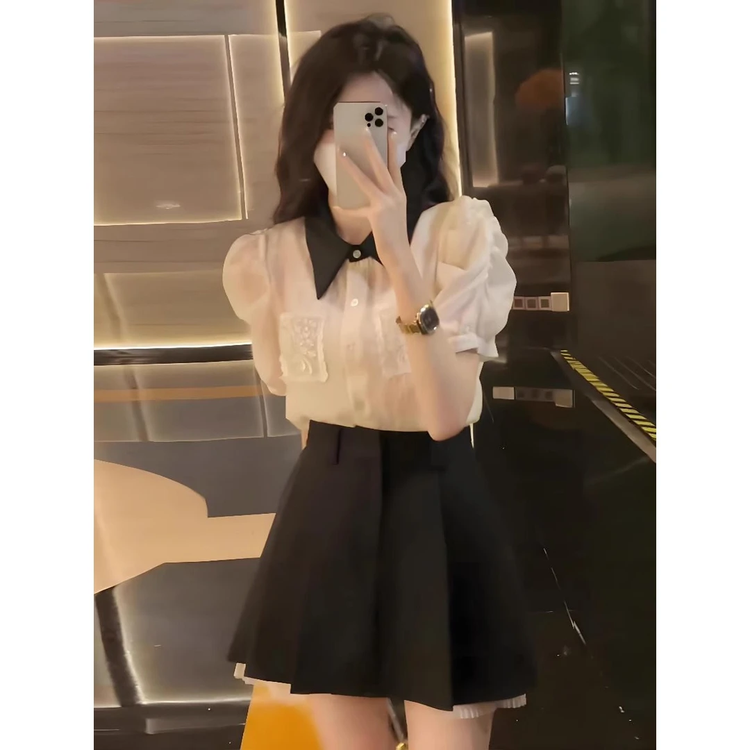 盐系套装夏季新款气质泡泡袖上衣高腰显瘦时尚百褶裙半身裙两件套