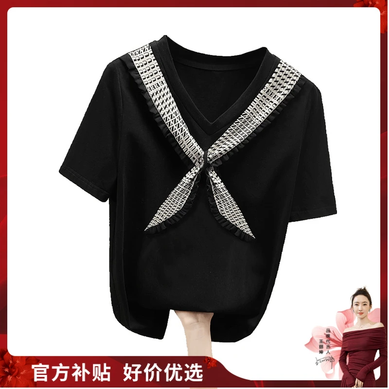 丝柏舍2025夏季新款女装套头V领短袖简约领带拼接T恤S22R1569TS