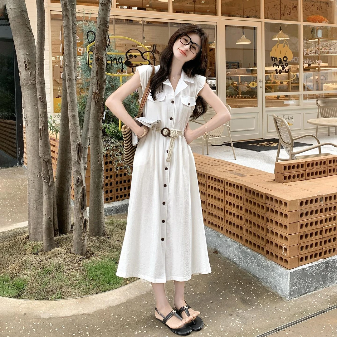 韩系韩系设计感休闲减龄衬衫连衣裙女2025夏季新款干练气质A字裙