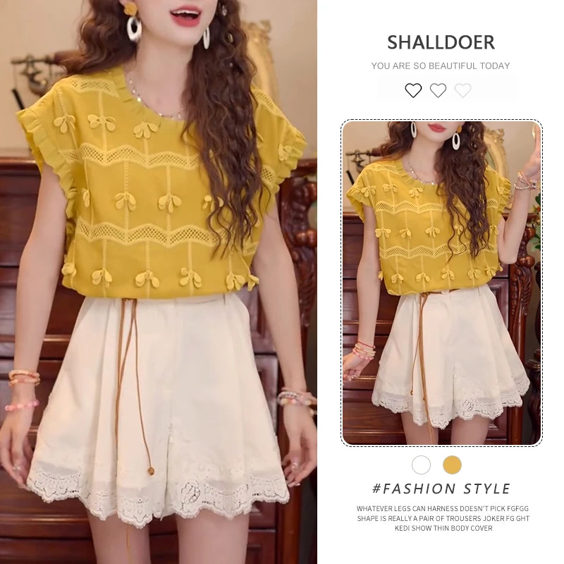 港风复古镂空立体花衬衫夏季圆领上衣+短裤两件套设计感显瘦高级