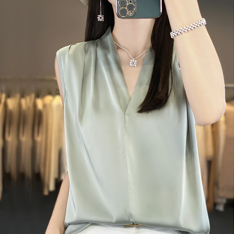 【现货宠粉】新款无袖背心醋酸缎面简约时尚短款轻职夏季设计感上衣