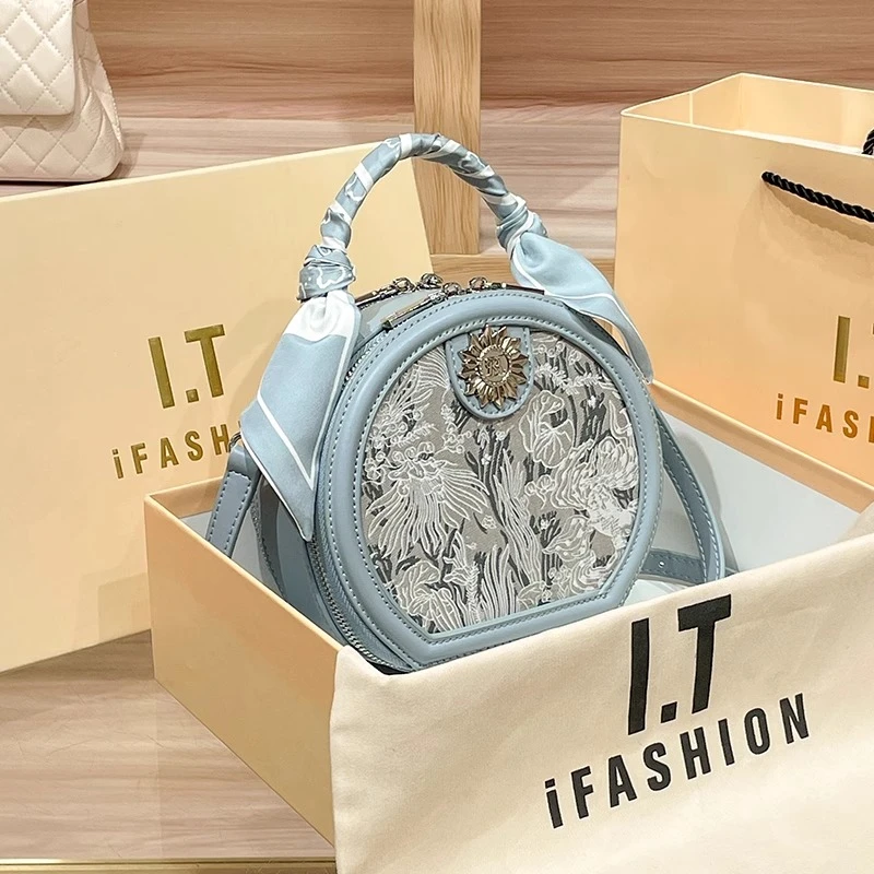 CKAPO&CKAPS新中式国风圆饼包包女2025新款百搭刺绣单肩斜挎包潮