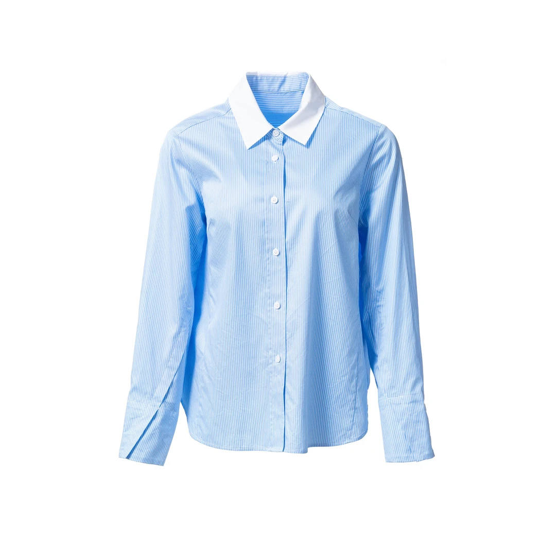 【深圳南油高货】撞色蓝色细条纹长袖衬衫女  YC62FH5466
