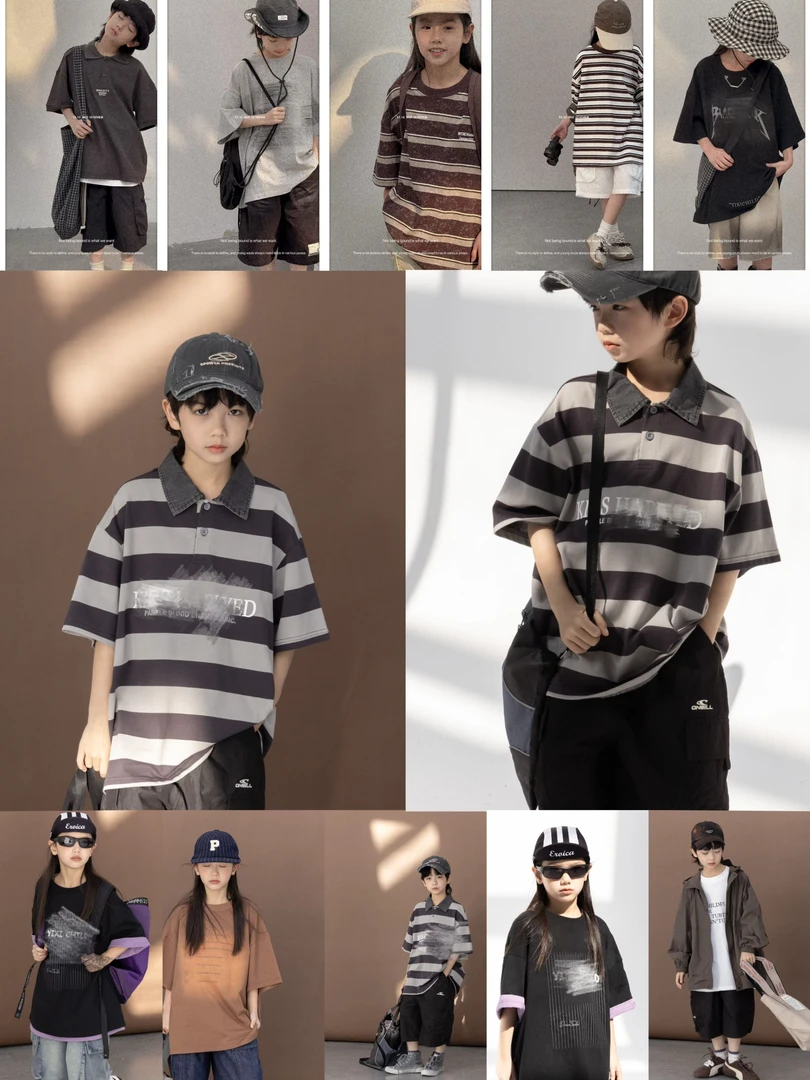 无品牌【401-600】极简风夏季菱格短袖大童洋气百搭童装中性格子T恤