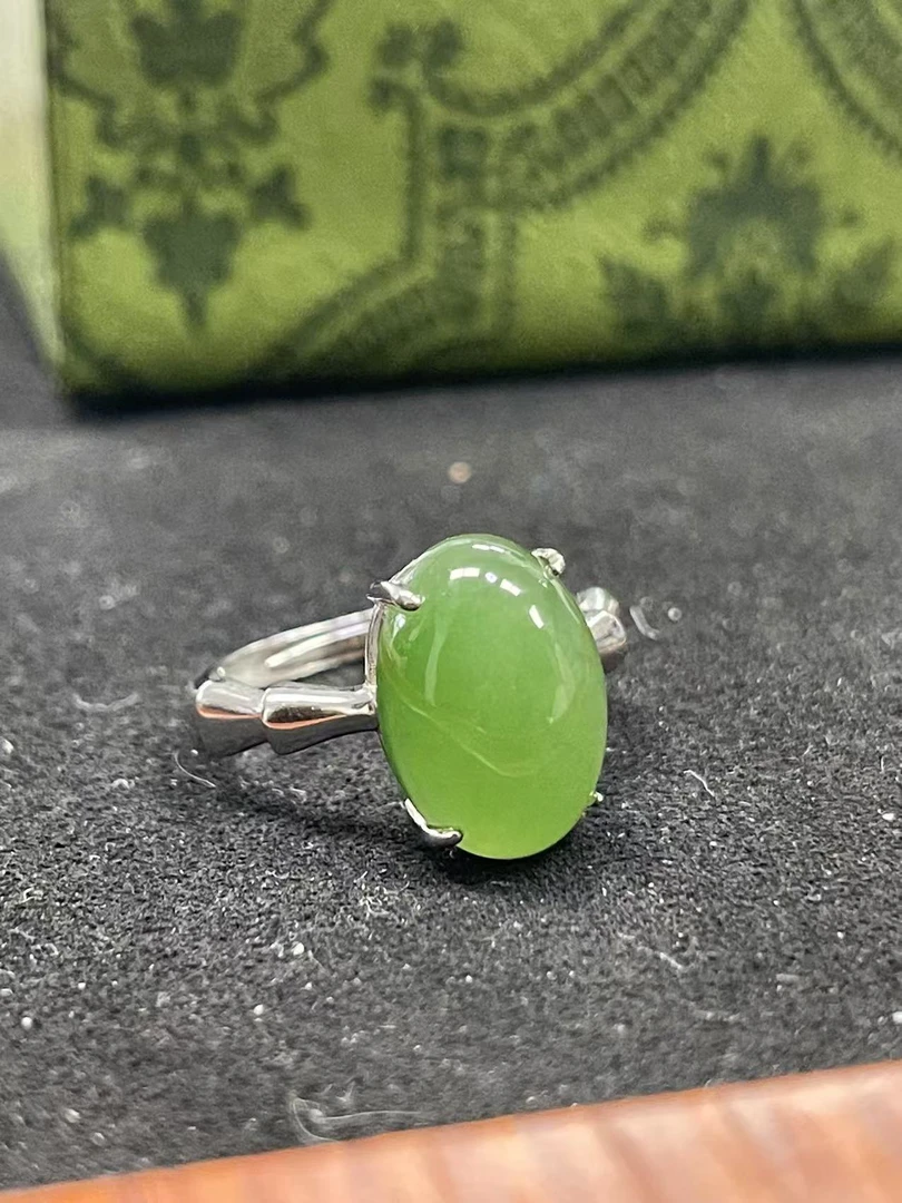 【王姨专属】114 天然和田玉蛋面戒指 总约13mm 竹节款白银