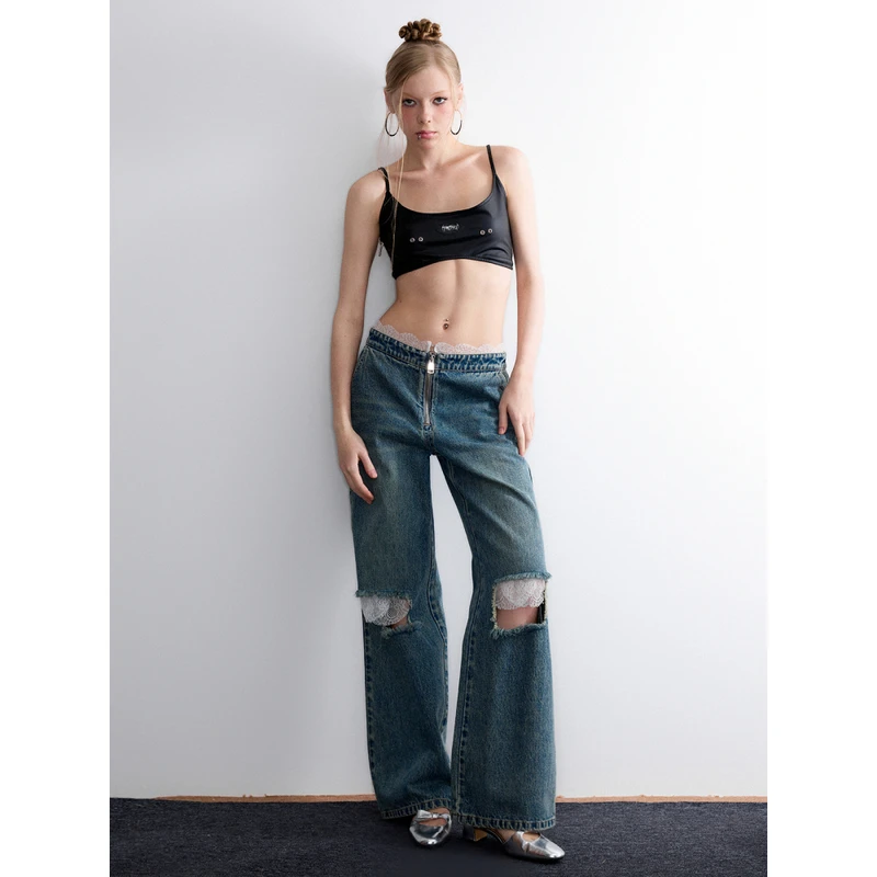 SUMIYAKI 27 蕾丝拼接破洞洗水毛边牛仔裤