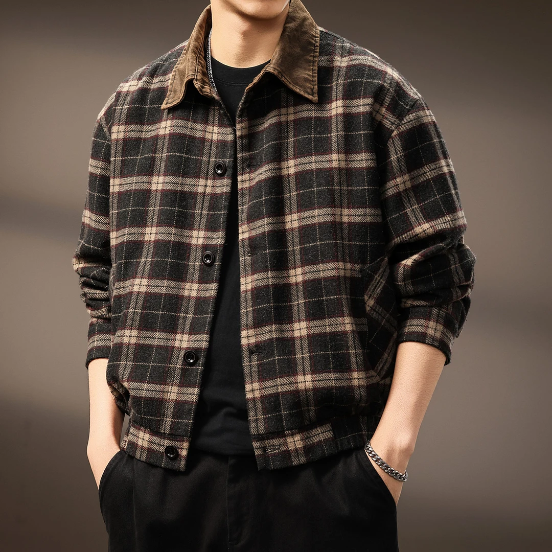 高端美式绒面羊毛混纺色织外套男秋季复古美拉德拼接休闲格子夹克