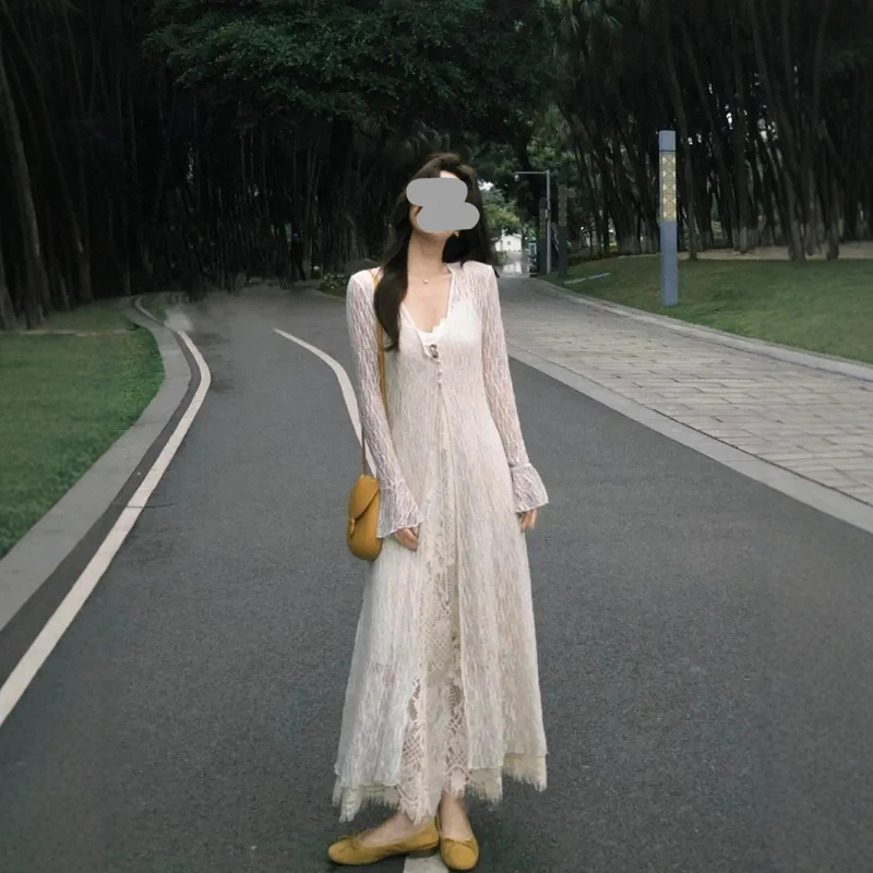 2025春夏新款温柔风甜美减龄长款针织开衫蕾丝吊带连衣裙两件套装