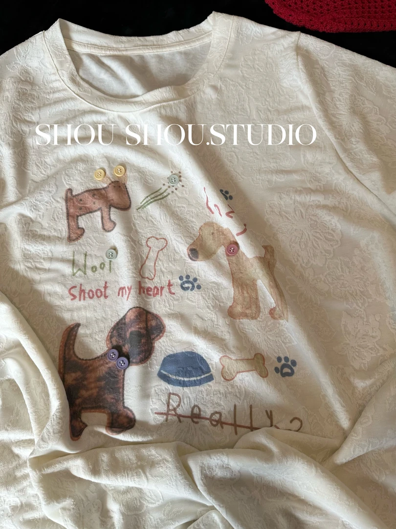 【瘦瘦】吃饭小狗-大码夏季印花立体纽扣绣花可爱显瘦短袖S01792