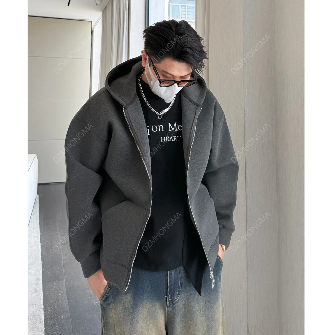【大重码】浅灰色cleanfit重磅开衫连帽卫衣春秋百搭美式纯色外套