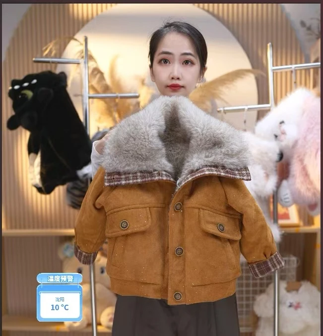 2025冬季新款加绒加厚皮衣外套大翻领轻奢风女童宝宝童装时尚外套