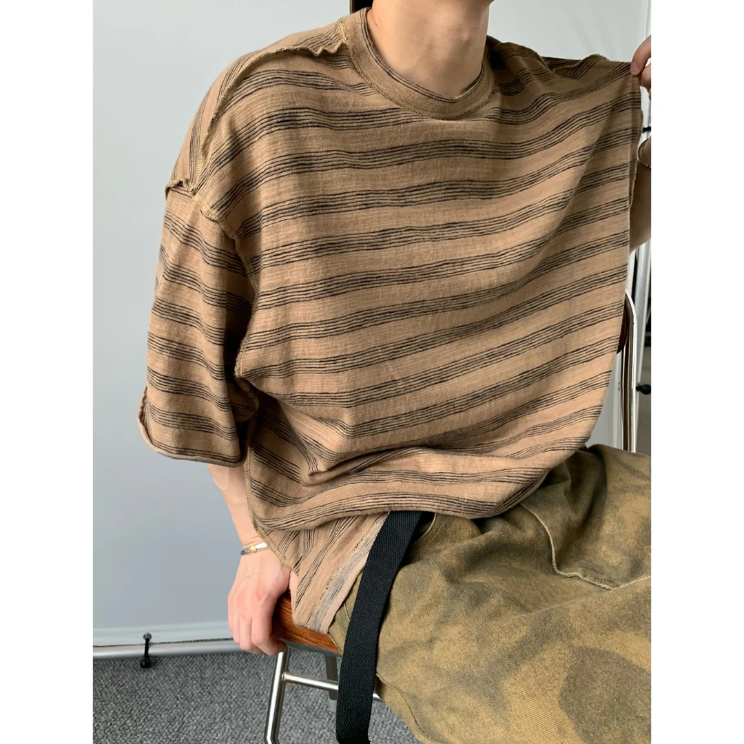 dannyandzee夏季复古日系手绘感反做两面穿百搭条纹短袖T恤759