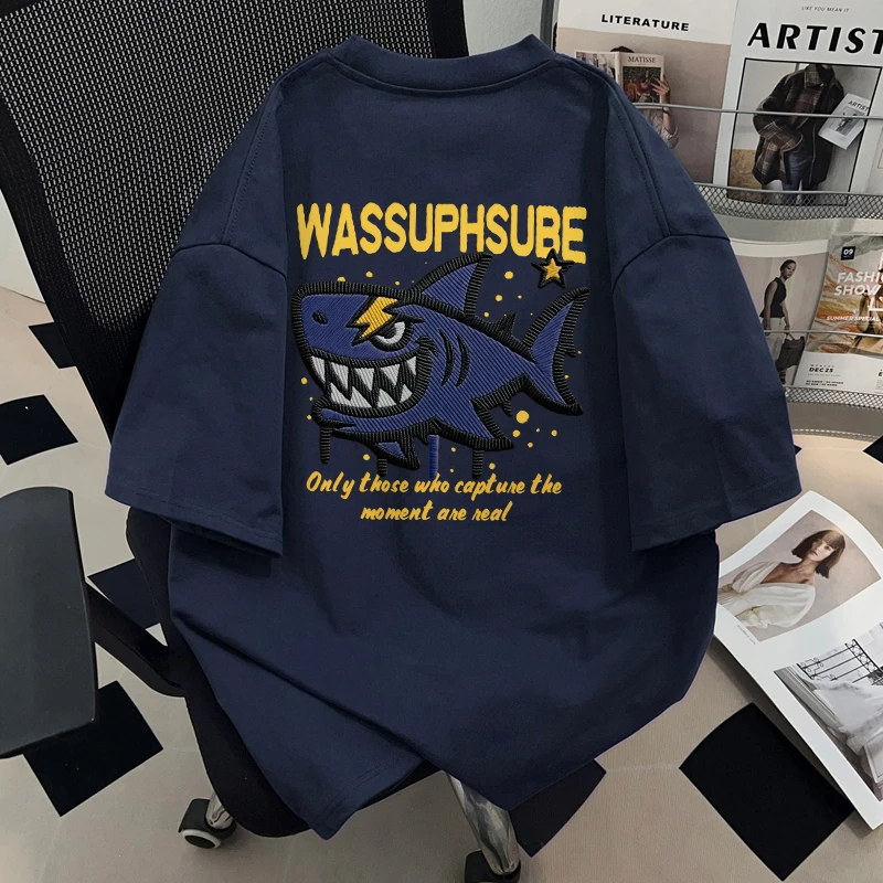 WASSUP HSUBE鲨鱼短袖重磅纯棉男女t恤潮牌宽松oversize情侣上衣