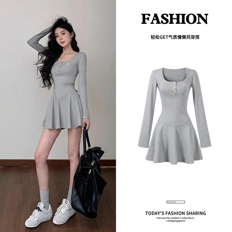 灰色长袖连衣裙短款女秋季miu系巨好看早秋韩系穿搭掐腰a字短裙子