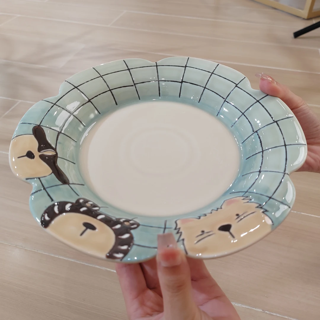 【Pony卡通盘】陶瓷卡通小熊网格6花瓣汤盘深盘点心盘饺子盘釉下彩