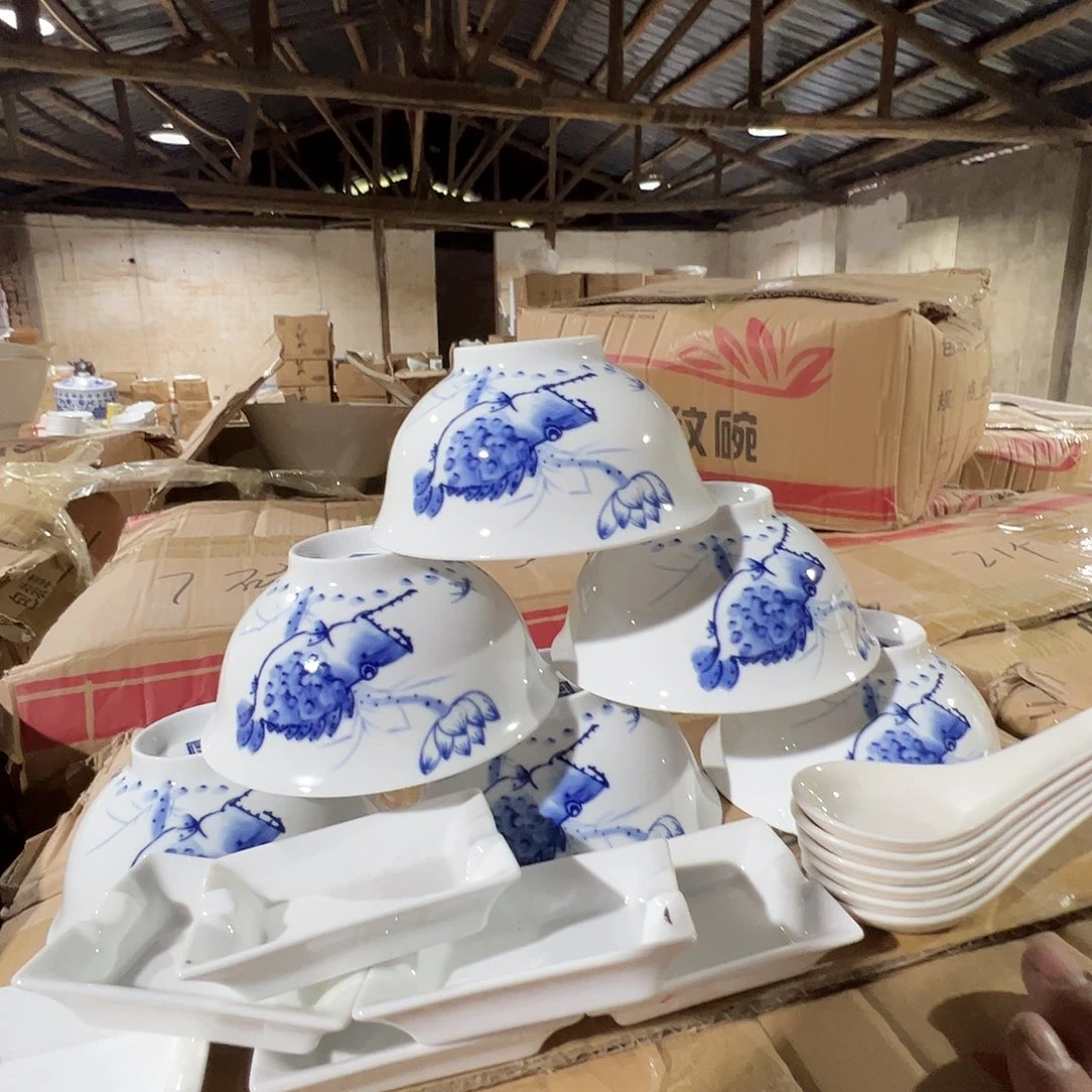 瓷片景德镇陶瓷鱼藻米饭碗6只加6只味碟和6只小汤勺