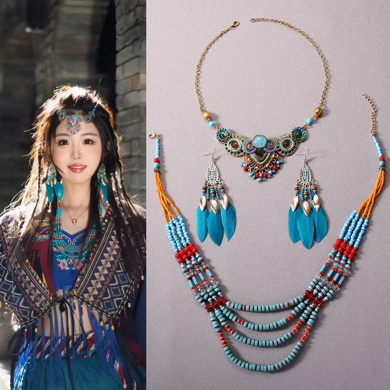 合金亚克力耳饰 民族风旅游穿搭头饰耳环套装异域风情长款流苏耳