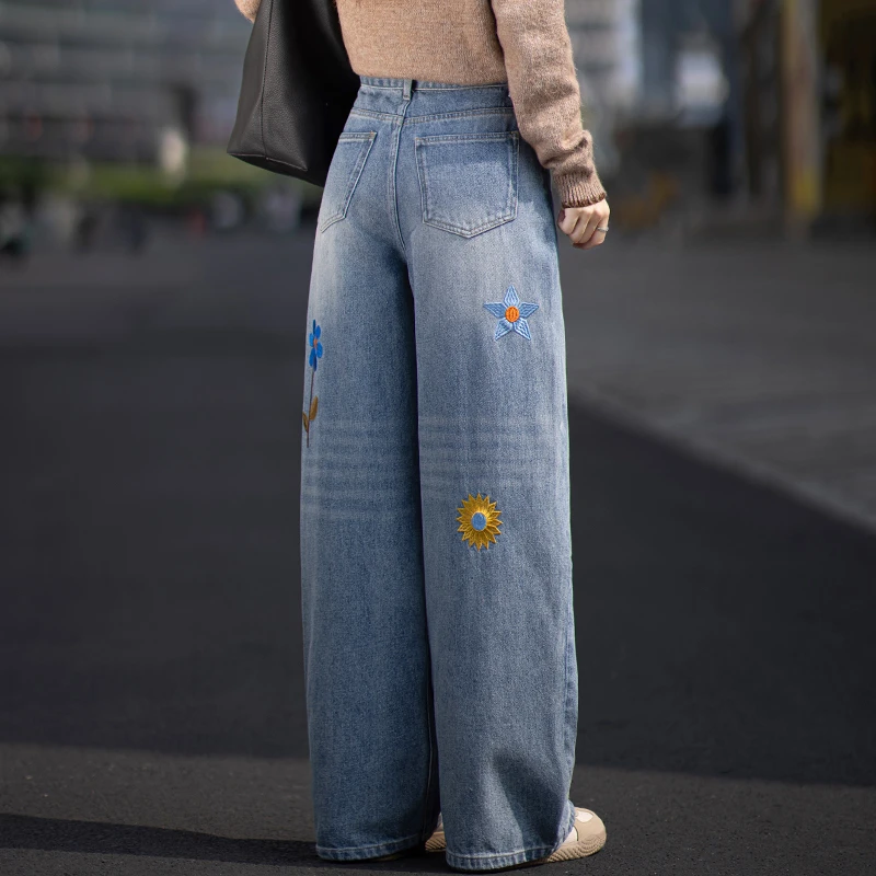 设计感花朵刺绣牛仔裤女2026新款春秋高腰阔腿裤宽松慵懒风直筒裤