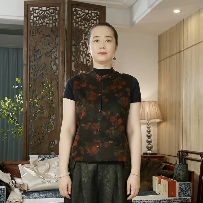 品叔&G1·桑蚕丝印花柿柿如意红云纱拼龟裂纹香云纱立领马甲