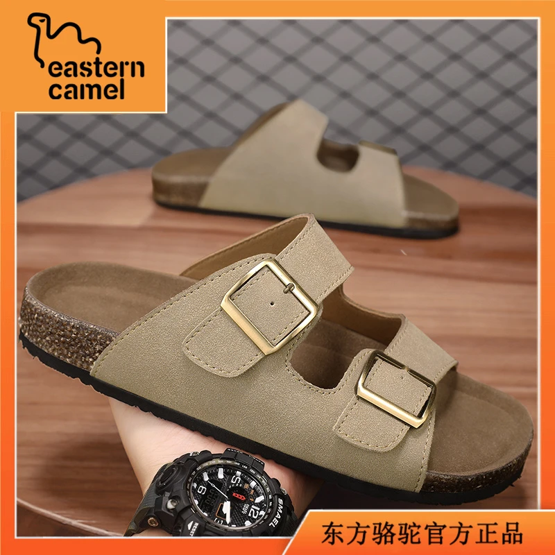 东方骆驼一字拖鞋勃肯软木穆勒鞋男士夏季时尚搭扣休闲室内凉拖鞋