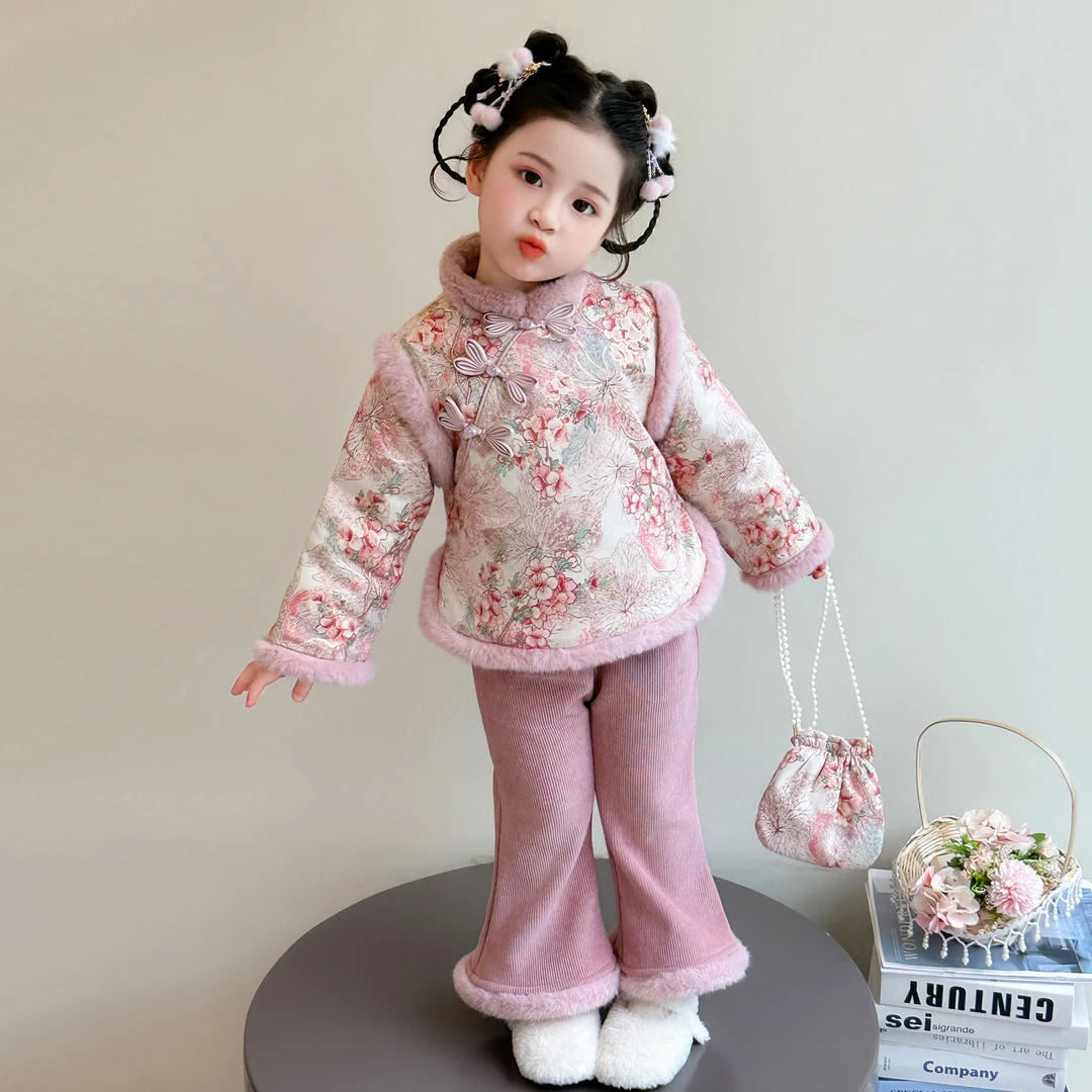 女童毛领中国风年服套装洋气儿童秋冬装加厚新中式唐装女宝宝喜庆