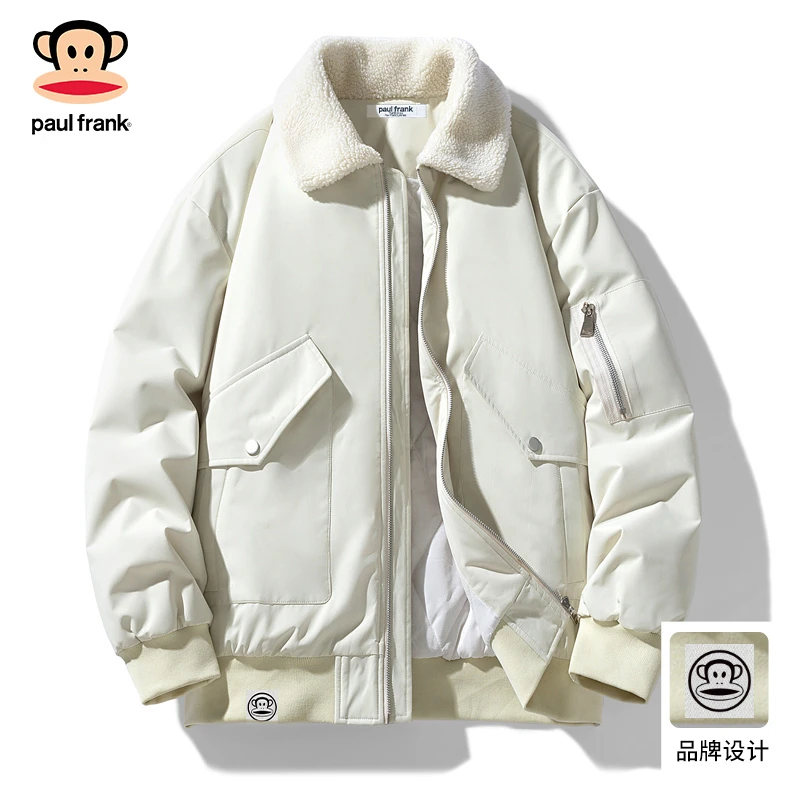 PaulFrank/大嘴猴摇粒绒翻领棉服外套男秋冬季加绒加厚飞行员夹克