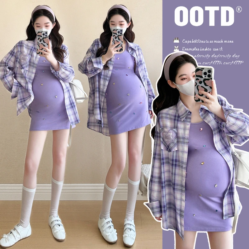 时髦气质孕妇装2025夏季新款格子防晒衬衫短裙两件套辣妈性感套装