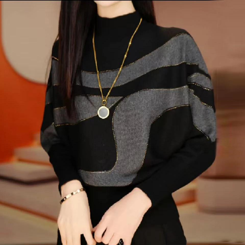 时尚洋气烫钻长袖针织衫女2025秋冬新款宽松显瘦气质妈妈装打底衫