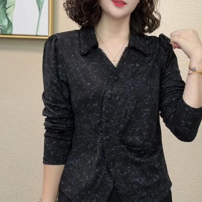 5598大码女装秋季新款上衣休闲洋气不规则设计显瘦200斤穿v领T恤