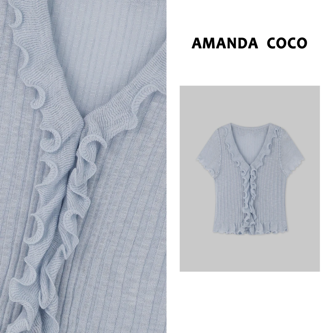 AMANDACOCO  奈奈 | 轻氧夏日～气质优雅荷叶边冰感修身短袖针织衫