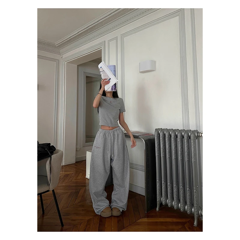 美式复古短袖T恤上衣女2025秋季新款高腰直筒宽松卫裤女休闲长裤