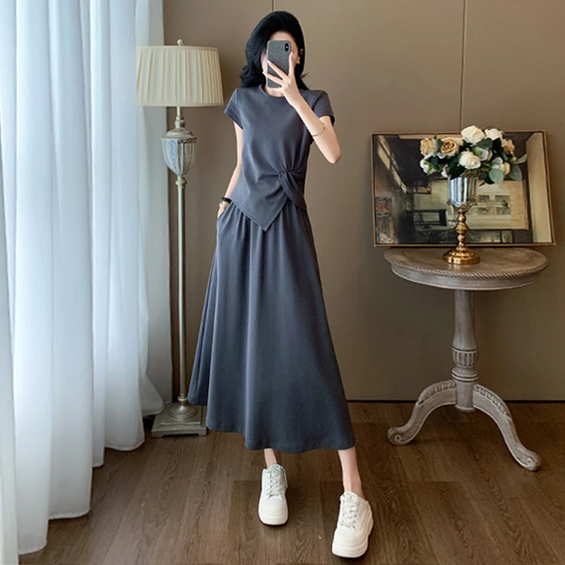 简约时尚显瘦套装裙女夏季韩版休闲洋气收腰短袖气质半身裙两件套