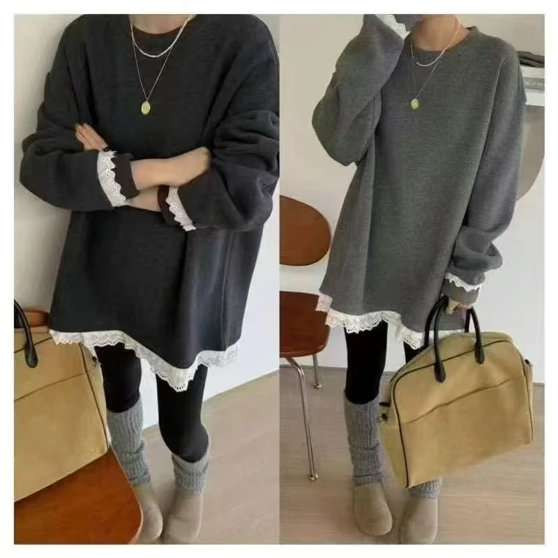 8386圆领蕾丝拼接花边加绒圆领卫衣女2025早春新款慵懒风简约上衣