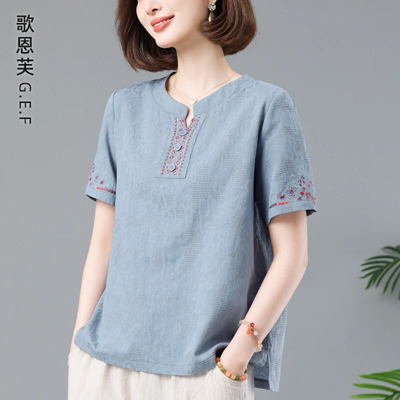 妈妈夏装纯棉短袖t恤女2025新款50岁中老年体恤休闲洋气减龄上衣6