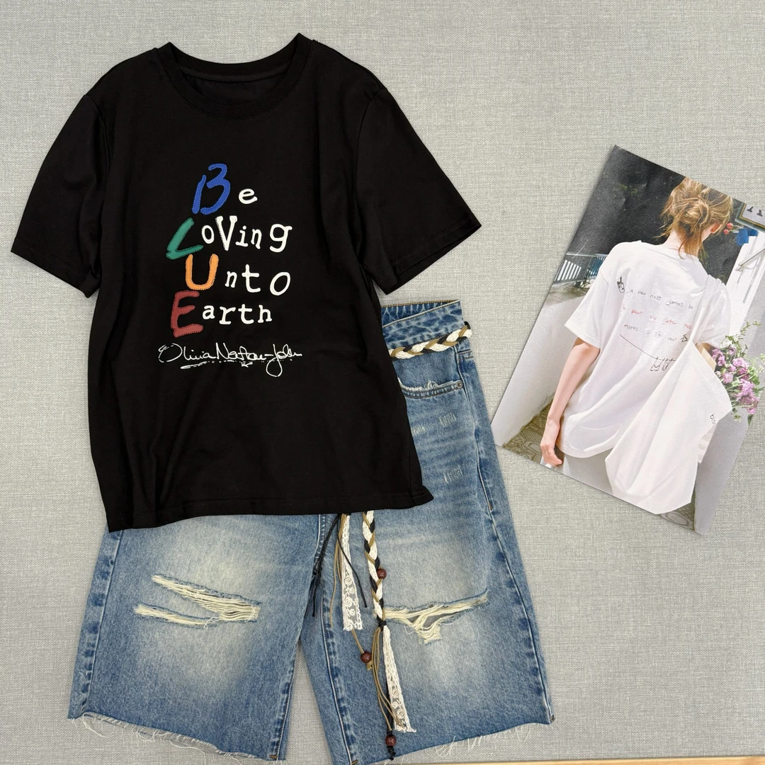 彩色字母印花短袖T恤