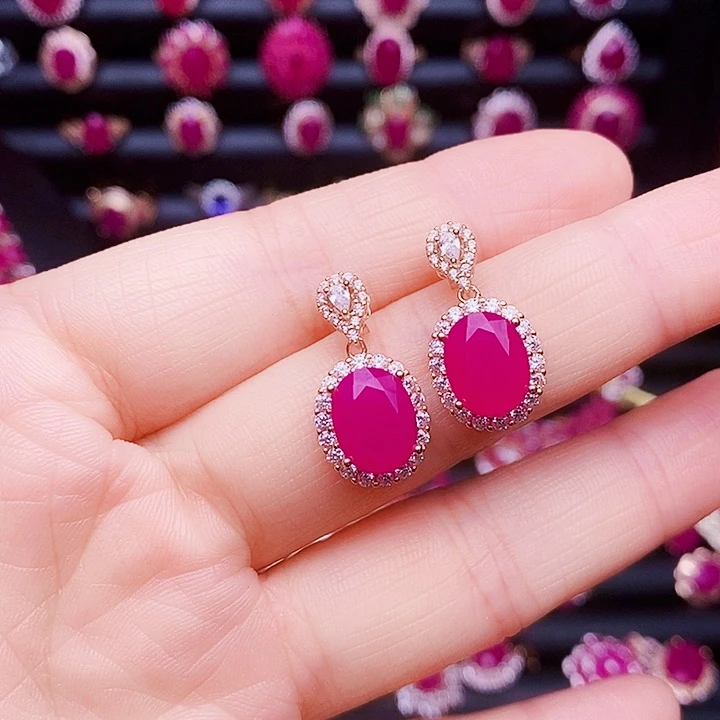 红宝石耳饰银S925镶嵌