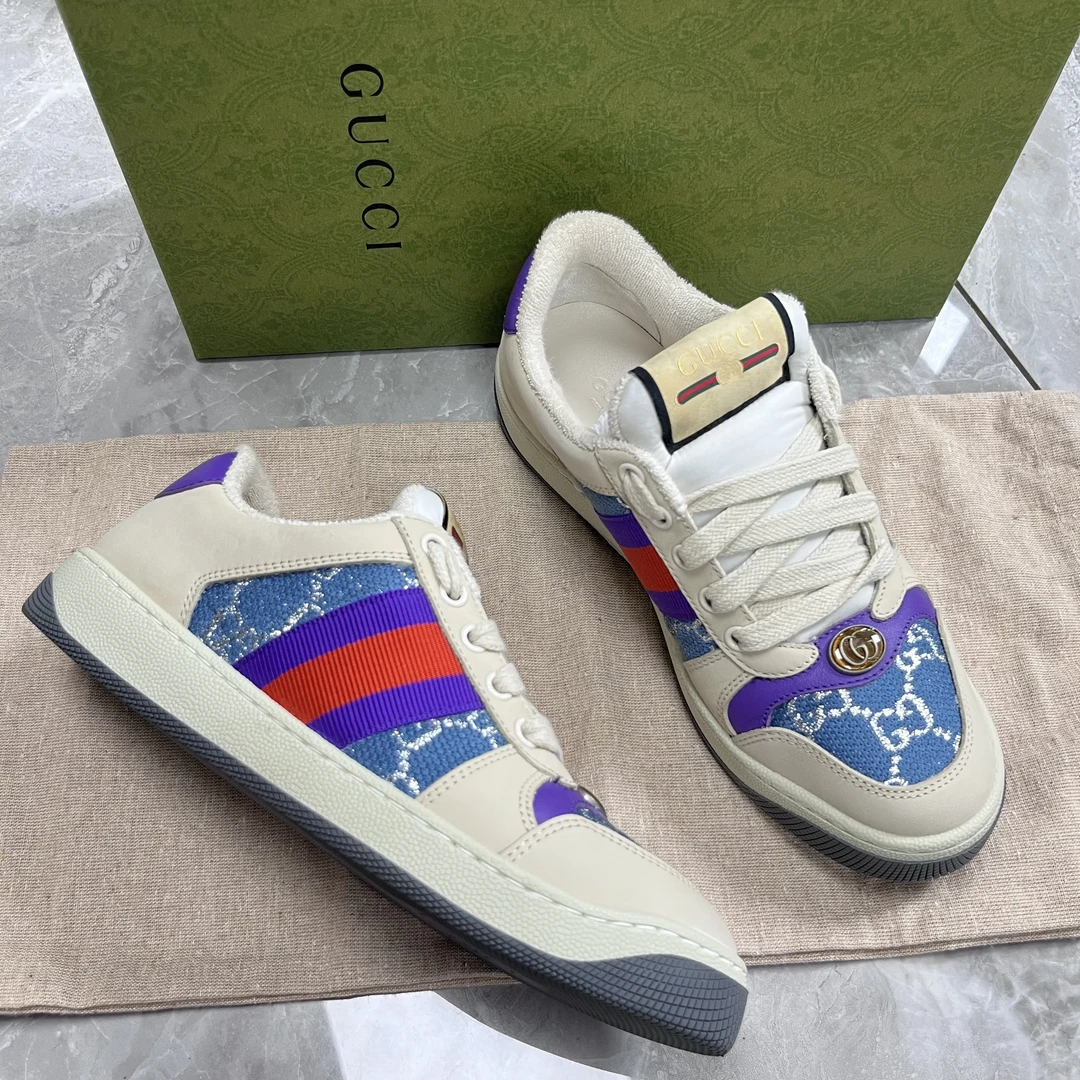 99新 GUCCI/古驰 35.5码！古驰脏脏鞋 皮革GG珐琅低帮板鞋 白紫蓝