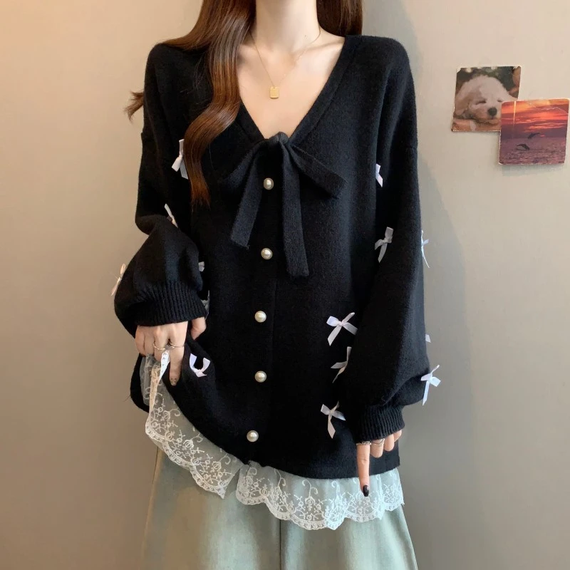 大码遮肚子宽松慵懒风蕾丝边毛衣开衫女秋冬胖mm显瘦减龄百搭上衣