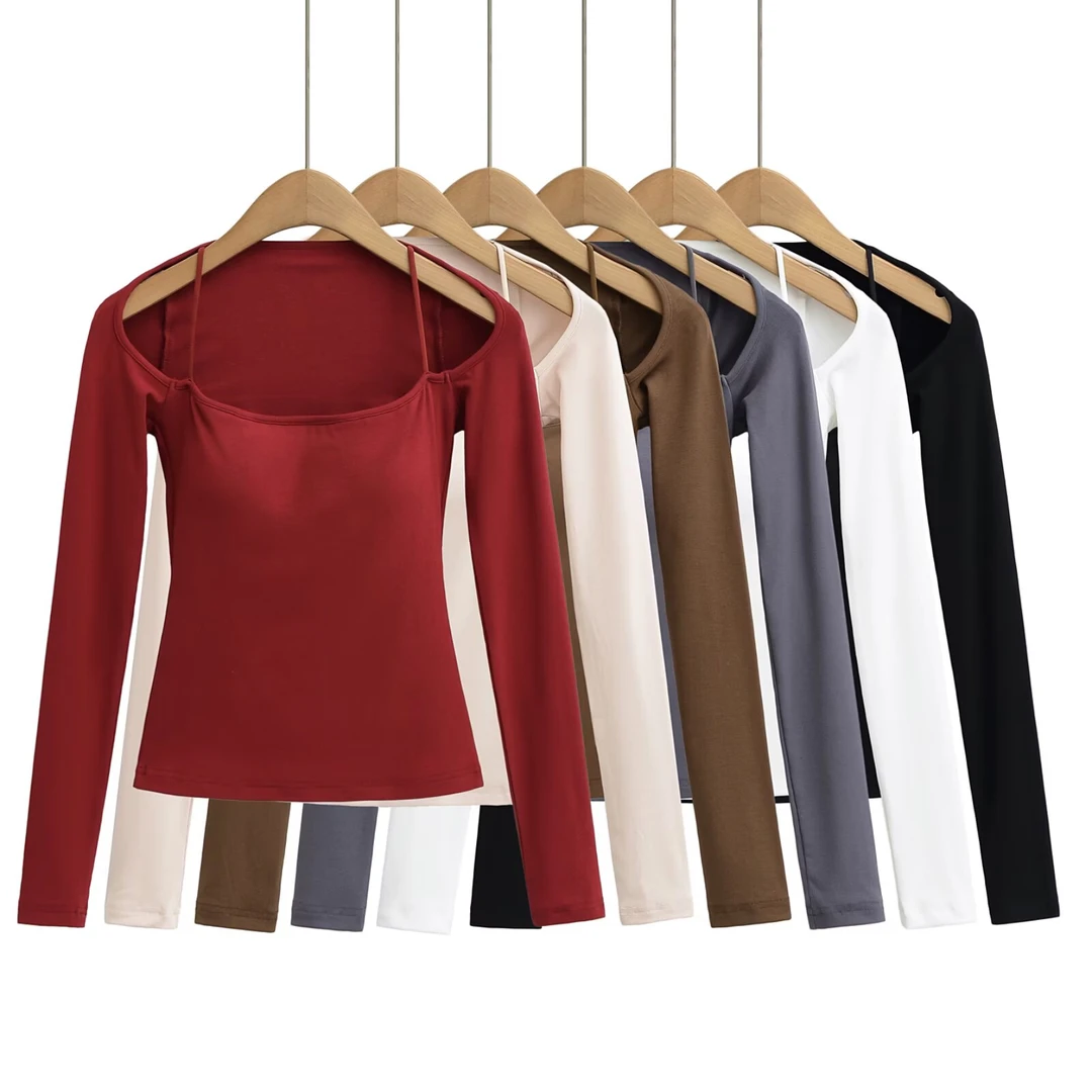 红色纯欲性格长袖T恤内搭打底衫女春秋带胸垫修身紧身短款上衣潮