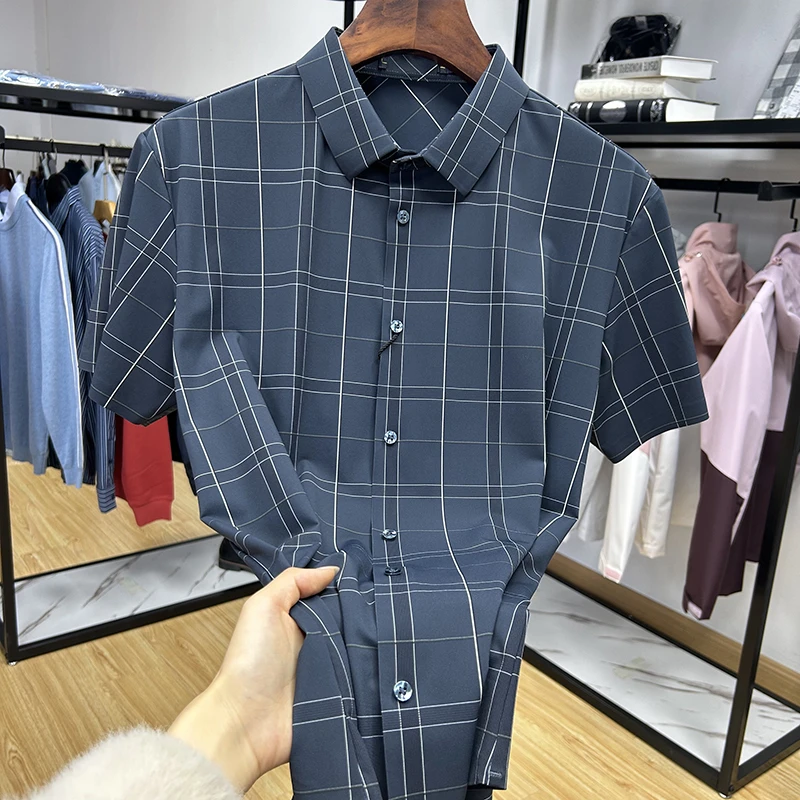垂感丝滑速干料爽肤商务休闲格子尖领男士短袖衬衫夏衬衣Y5T0113
