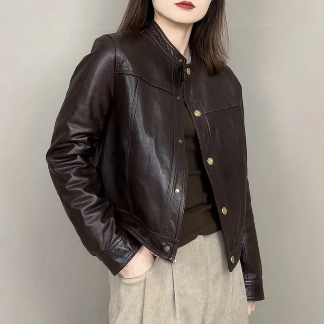 时尚短款长袖韩版女装欧美风短款皮夹克上衣皮衣立领