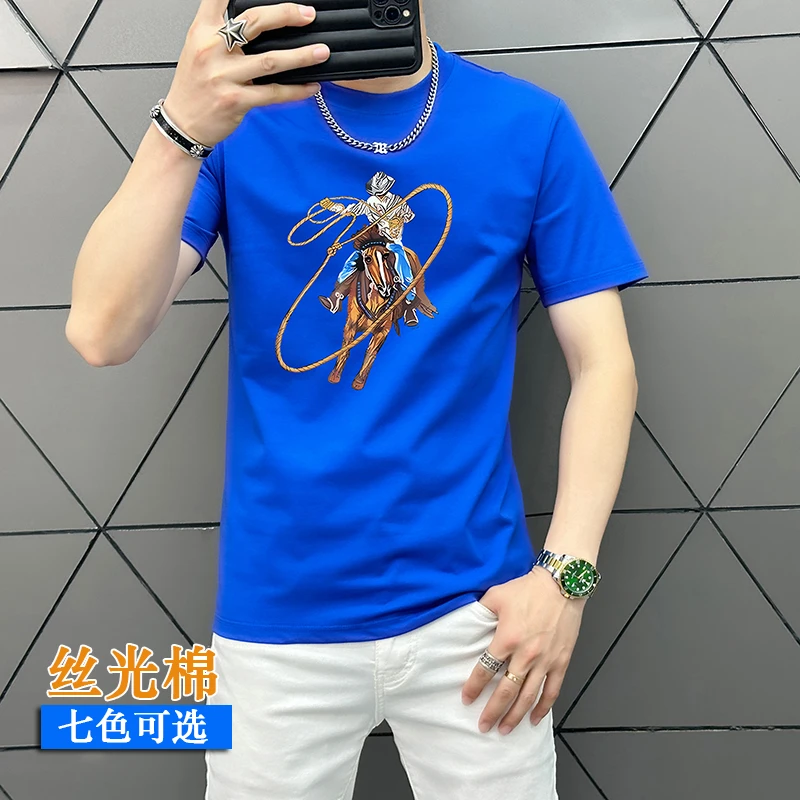 烫印青年夏季休闲短袖烫钻印花ins网红T恤修身韩版男装男士上衣