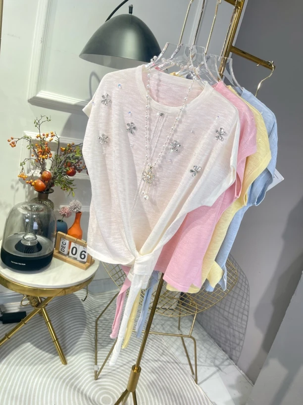 欧洲站夏季新款常规款松弛感极简风不规则T恤针织短袖薄透气上衣