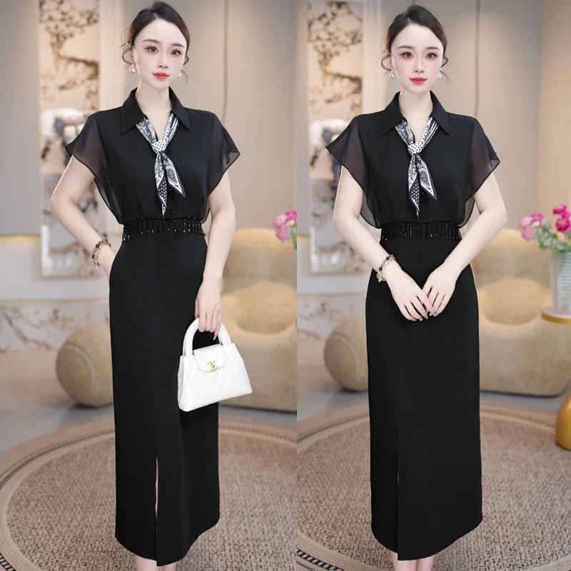【黑鸢静澜】2025夏季新款收腰显瘦洋气减龄轻奢女人味黑色连衣裙