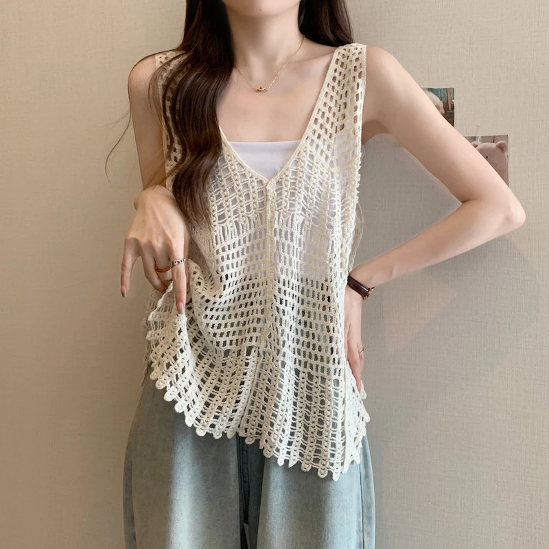 波西米亚风吊带女内搭夏季大码胖mm镂空罩衫背心无袖v领针织上衣