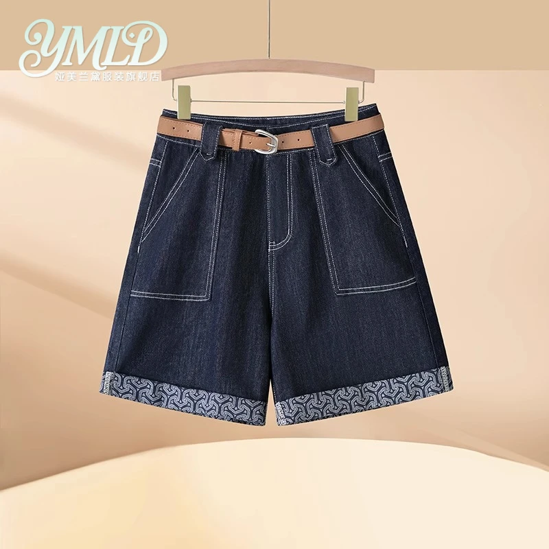 卷边印花牛仔短裤女薄款2025年夏季新款高腰深蓝色外穿五分阔腿裤