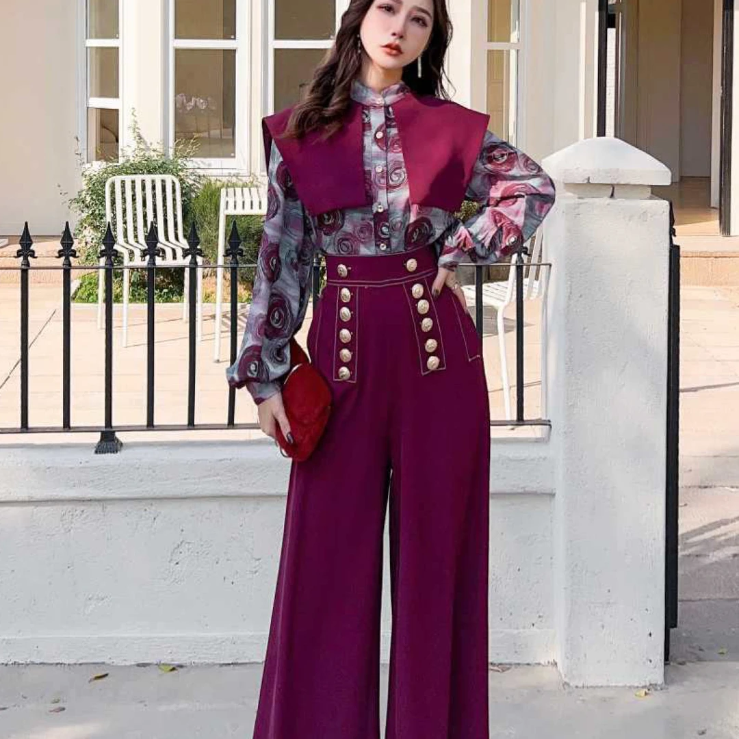 61721-C1-8-3时尚印花长袖假两件上衣搭配高腰阔腿裤春季新款套装