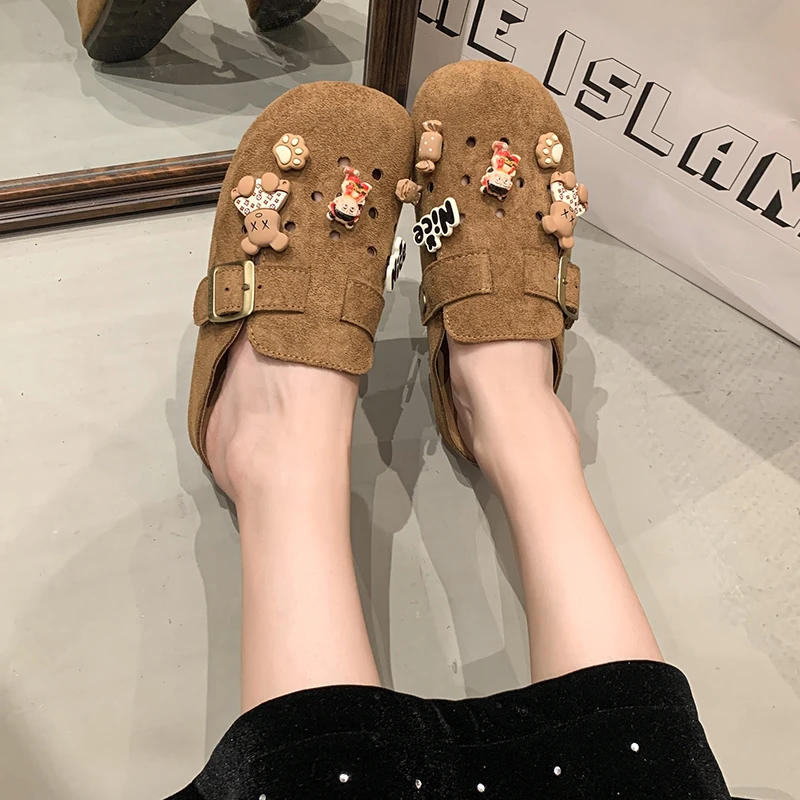 新款半拖日常休闲哪吒卡其复古洞洞勃肯鞋一字拖凉拖鞋防滑平底