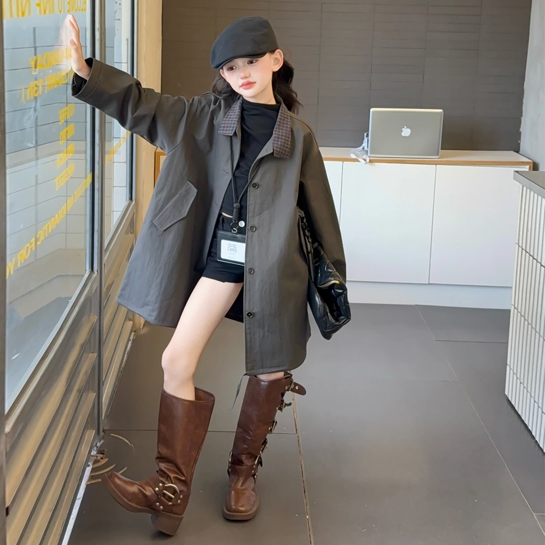 女童风衣外套秋装2025新款韩版儿童春秋款初中生女大童中长款衣服