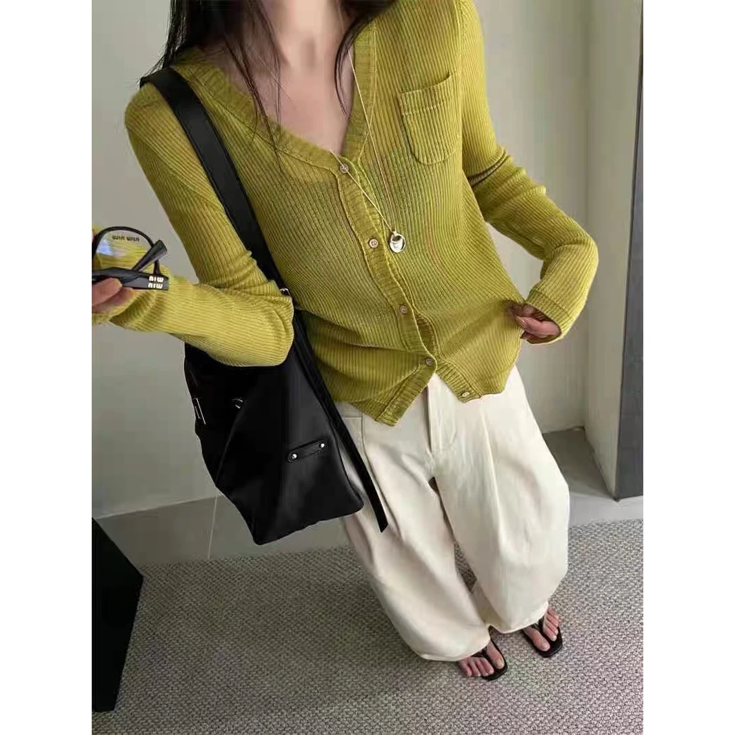 /黄口袋/早秋新款V领长袖口袋薄款显瘦百搭上衣 D126